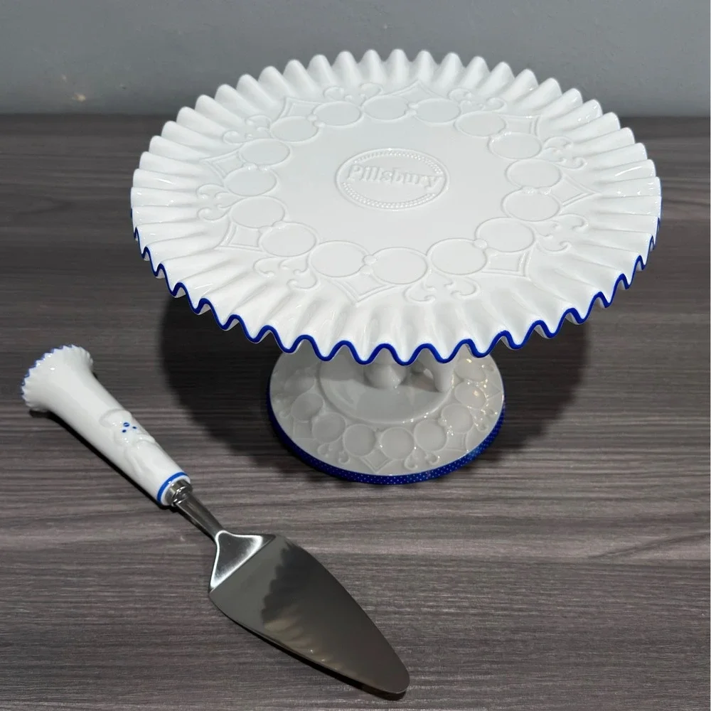 Pillsbury Doughboy Footed Cake Stand and Server Set Danbury Mint 2004 White Blue